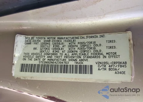 2004 Toyota Tacoma Prerunner V6 from USA, damaged, VIN 5TESN92N64Z394763